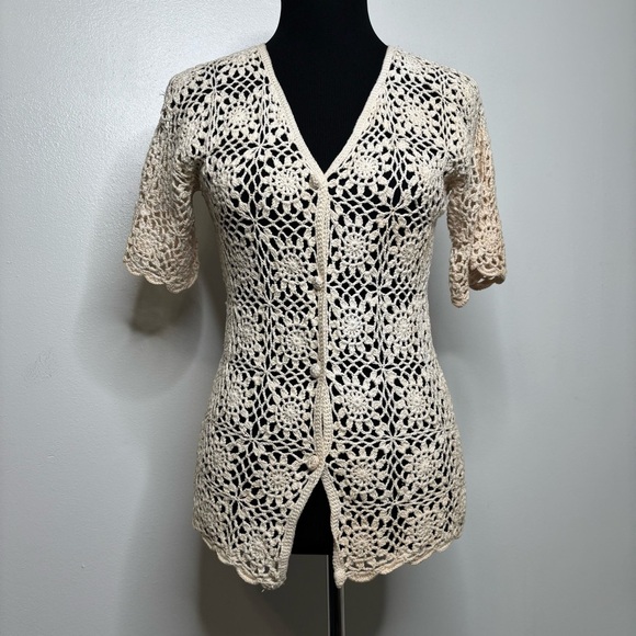 Vintage F.A.I. Crochet Cardigan Women’s L 100% Cotton Open Knit Boho Cream - Picture 8 of 16